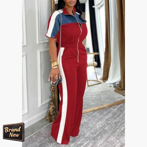 XXL Zip Up Jumpsuit Elastic Waist Wide Leg Sportswear Casual Romper - Picture 3 of 4